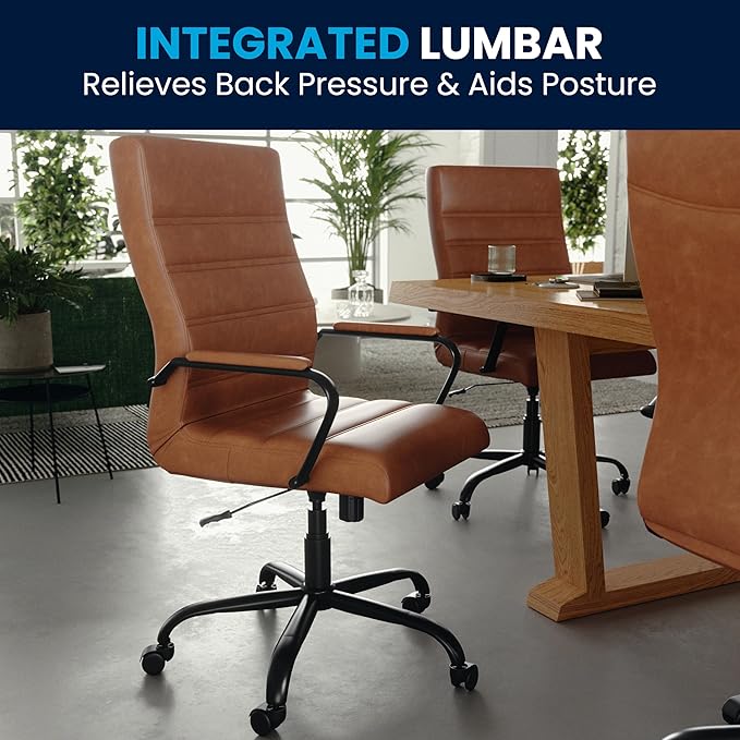 Flash Furniture Whitney High-Back Swivel LeatherSoft Desk Chair with Padded Seat and Armrests, Adjustable Height Padded LeatherSoft Office Chair, Brown/Black Gold