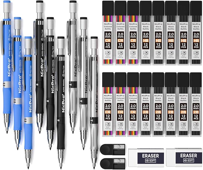 Nicpro 29 Pieces 2mm Mechanical Pencil Set, 9 PCS Drafting Carpenter Pencils 2.0 mm for Art Drawing Sketching construction with 192 Lead Refills Pre-Sharpen HB & 2B & Colors, 2 Erasers, 2 Sharpener