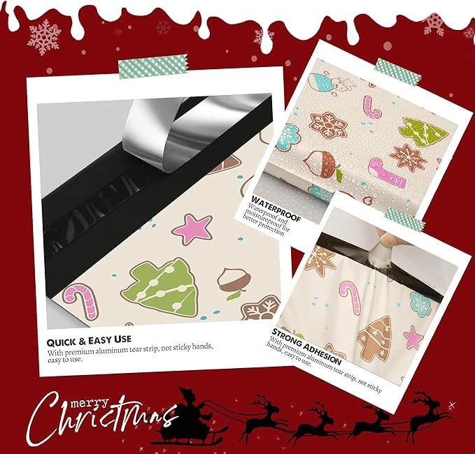 Christmas Poly Mailer 10x13 Inch 25 Pcs, Waterproof Shipping Bags for Clothing, Tear-Resistant Mailier Bags, Strong Mailing Bags with Self-Seal - Christmas Elements Printed