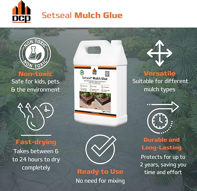 DCP Setseal Mulch Glue for Landscaping 1 Gallon - Gravel Stabilizer & Rock Glue - Works with Mulch, Pea Gravel, Pebble, Rubber Mulch, Large Gravel, Rocks - Ready-to-Use, Non-Toxic, Fast Drying