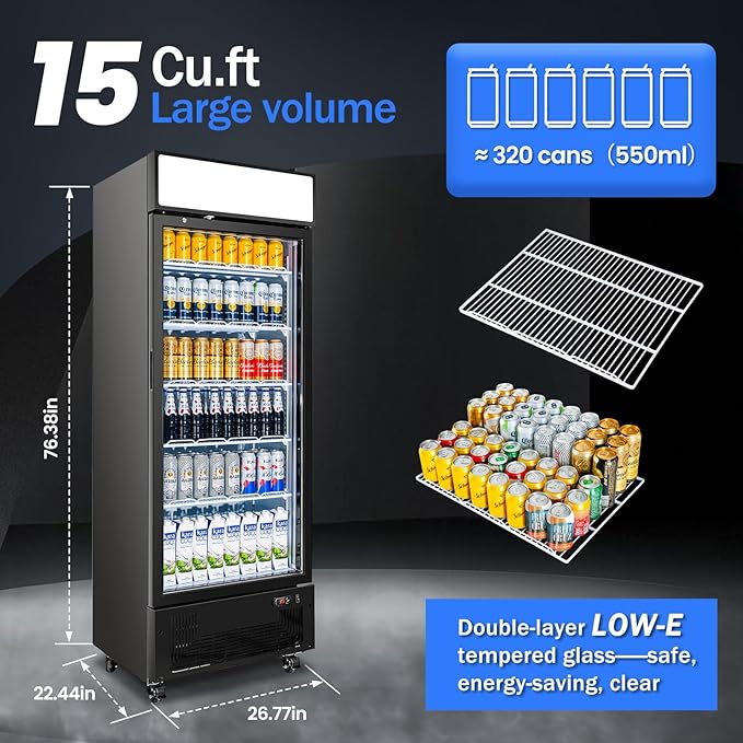 Commercial Beverage Refrigerator 15 Cu.ft. with Glass Door Display Merchandiser Fridge ETL Drink Cooler for Bars,Restaurants, Convenience Stores, Supermarkets and Offices
