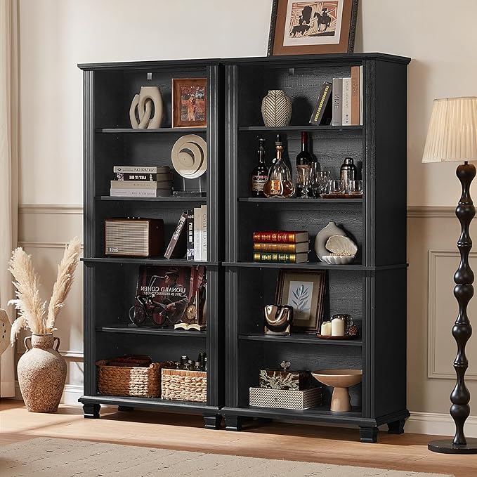 70" Tall Black Bookshelf,5 Tier Wooden Book Shelf with Adjustable Shelves & Wood Legs,Free Standing Farmhouse Bookcase with Open Display Storage,Vintage Bookshelves for Living Room, 3PCS