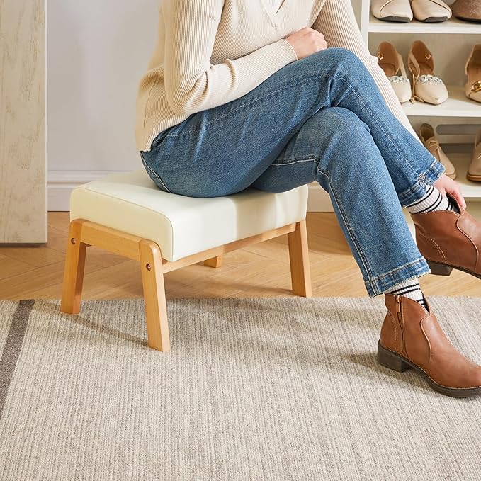 IBUYKE 10.2” H Small Foot Stool Ottoman, Rectangle PU Faux Leather Foot Rest with Padded Seat and Wood Legs, Modern Accent Ottoman Foot Rest for Living Room Bedroom Couch Office, White WBD013W