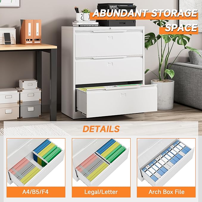 Lateral File Cabinet, 3 Drawer Lateral File Cabinet with Lock, Lockable Metal File Cabinet for Home Office, File Cabinet for Letter/Legal/F4/A4 Size (White, 3 Drawer)