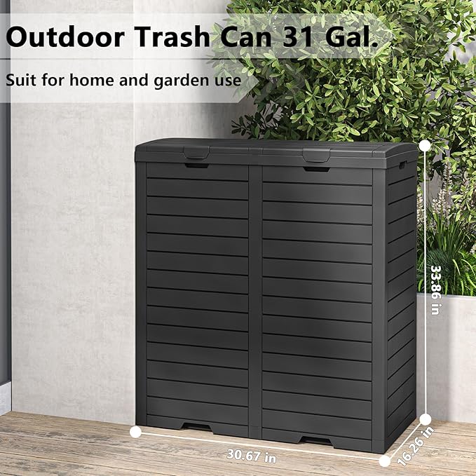 62 Gallon Outdoor Trash Can, Waterproof Garbage Can with Tiered Lid and Drip Tray, Resin Outside Trash Bin for Patio, Backyard, Deck