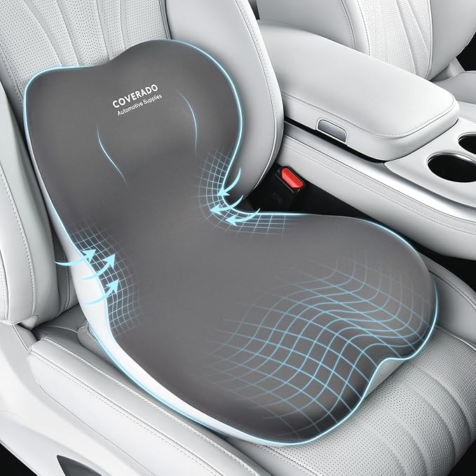 Coverado Seat Cushion and Lumbar Support Pillow One Piece for Car Office Chair, Ergonomic Memory Foam Desk Chair Cushion Back Support Pillow, Sciatica & Back & Tailbone Pain Relief Cushion-Gray