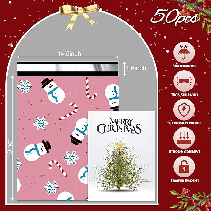 Christmas Poly Mailer 14.5x19 Inch 50 Pcs, Waterproof Shipping Bags for Clothing, Tear-Resistant Mailier Bags, Strong Mailing Bags with Self-Seal - Snowmen Printed