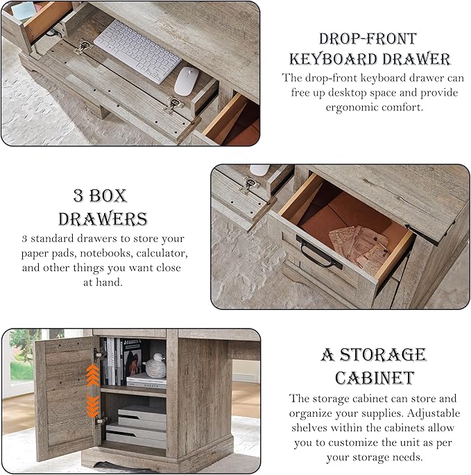 RedLemon 60" Farmhouse Executive Desk with Drawers, Wood Home Office Desk w/Charging Station, Keyboard Tray, File Drawer, Storage Cabinet, Rustic Computer Writing Desk (Light Rustic Oak)