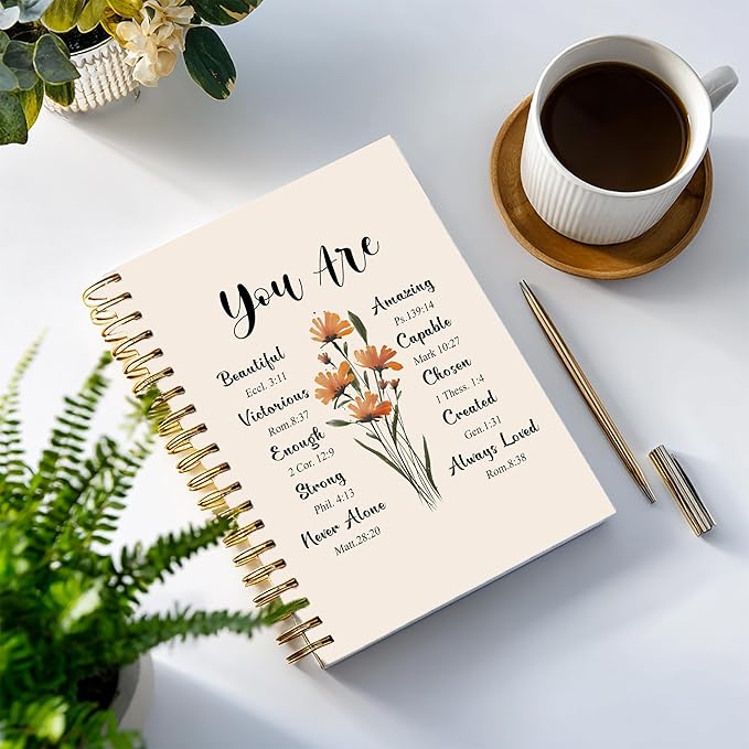 Bible Notebook, A5 Spiral Christian Journal with Floral Pink Butterfly Notebook, Bible Verse-God Says You Are, Inspirational Notebooks for Women, Bible Study, Gift for Birthday Christmas