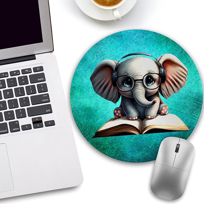 Small Mouse Pad, Cute Elephant Round Mouse Pads for Desk, Travel Mini Mousepad Non-Slip Rubber Base, Portable Mousepads for Wireless Computer Mouse Laptop, Office Desk Accessories, 8.6 * 8.6 Inch