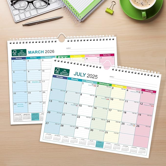 BOCT Wall Calendar 2025-2026 - Includes July 2025 to December 2026-18 Monthly Daily Planner 13 x 9.6 Inches, Julian Dates for New Year Christmas Gifts