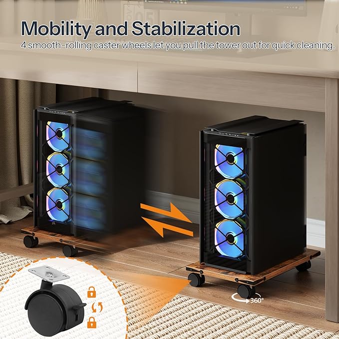 HOOBRO Mobile PC Stand, Ventilated Computer Tower Stand, PC Tower Holder with 4 Caster Wheels, CPU Holder Under Desk Fits Most Computer Host, for Office, Gamers, Rustic Brown BF46CJ01
