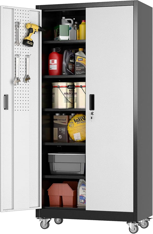 Aobabo Upgraded Garage Storage Cabinets with Wheels,Metal Storage Cabinets with 5 Adjustable Shelves for Garage Home Office Storage, Black&Silver,71''H*32''W*16''D,Assembly Required
