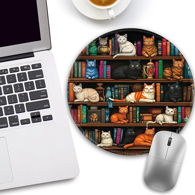Cats and Bookshelf Mouse Pad, Small Round Mouse Pads for Desk, Mini Travel Mousepad for Wireless Computer Laptop, Office Desk Accessories, 8.6 x 8.6 inch