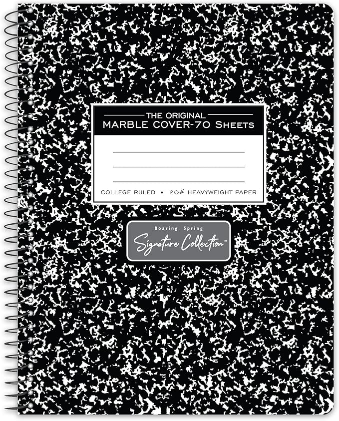 ROARING SPRING Signature Collection College Ruled Spiral Wirebound Composition Book, 9.75" X 7.5" 70 Sheets, Black Marble Cover