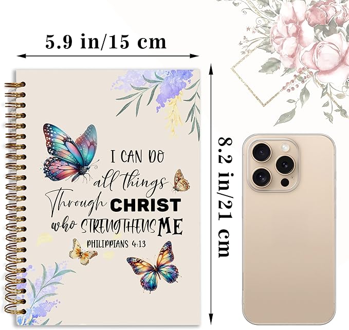 Bible Notebook, A5 Spiral Christian Journal Butterfly Notebook, Bible Verse-I Can Do All Things Through Christ Who Strengthens Me, Inspirational Notebooks for Women, Gift for Birthday Christmas