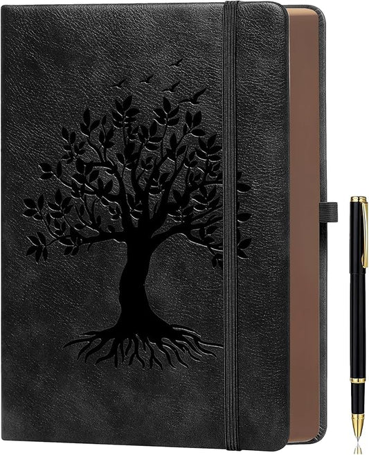 ZXHQ A5 360 Pages Lined Journaling Notebooks with Pen, Journals for Women Men Writing Notebook, Tree of Life Design, Brown Edge Fine Inner Pocket - Black
