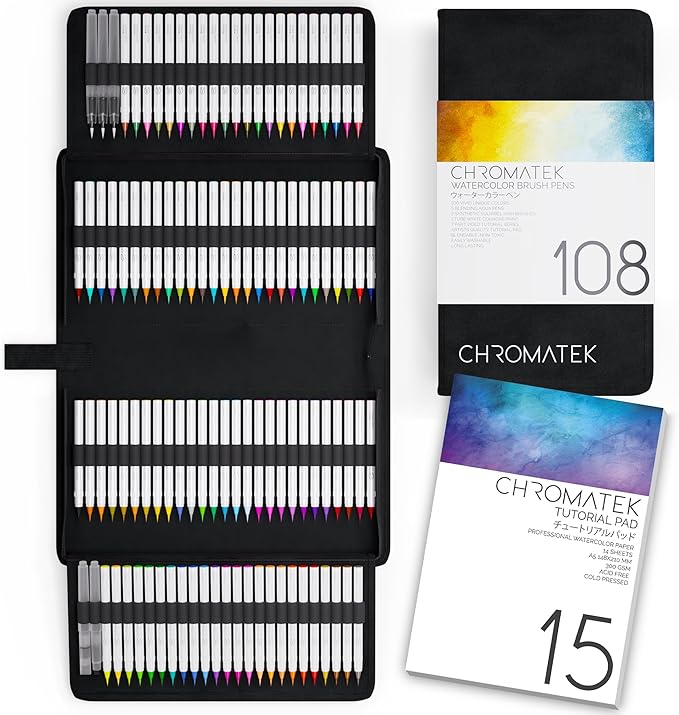 CHROMATEK 108 Watercolor Pens Set | Including 15 Page Pad & Online Video Tutorial Series | 5 Aquapens & 100 Unique Colors | Real Brush Pens | Easily Blendable, Vivid and Smooth