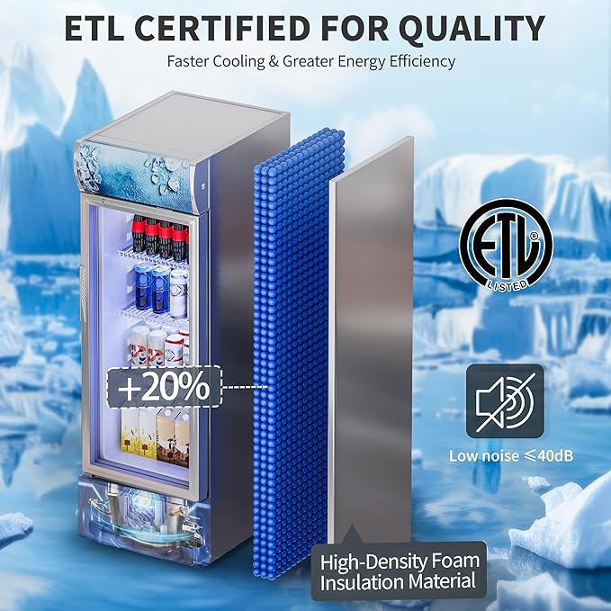 YITAHOME 6.9 CU.FT. Beverage Display Refrigerator with One Glass Door, Commercial Drink Beer Fridge Cooler for Home Office with Customized Light Box 7 Speed Control 3 Ajustable Shelves and Locking