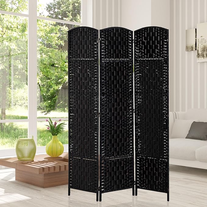 HOMCOM Room Divider, 3 Panel Folding Privacy Screen, 6FT Tall Portable Wicker Weave Partition Wall Divider for Bedroom, Home Office, Black