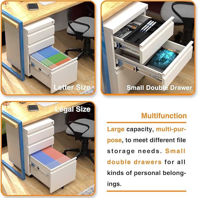 Aobabo Metal 3 Drawer Mobile File Cabinet with Lock, Under Desk Metal Filing Cabinet wiht Wheels, 23.6''H A4/Legal/Letter Size Storage Cabinet, Fully Assembled Except Wheels,White