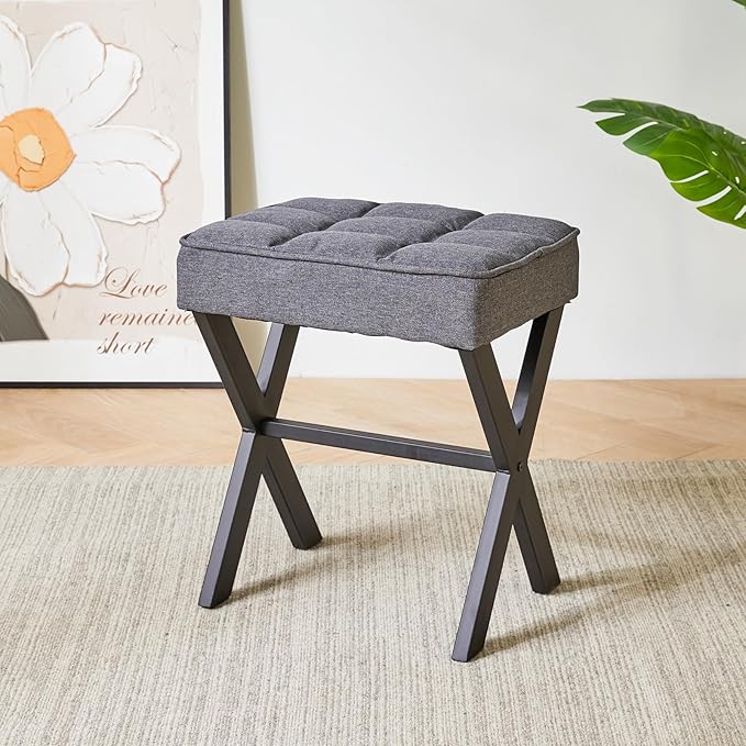 IBUYKE Square Makeup Stool with X-Leg Foot Rest, Linen Footrest, Ottoman Seat, Multi-Use as Small Side Table, for Bedroom, Living Room, Dark Gray LG-70G