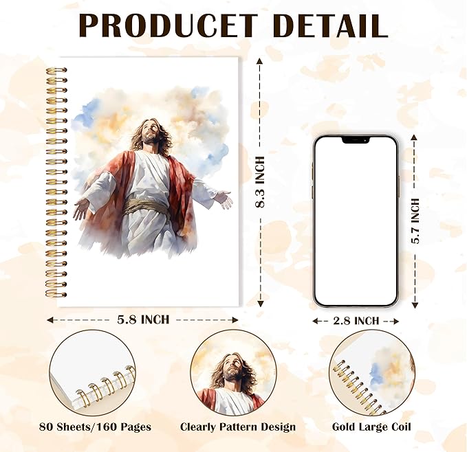Qabliqo Jesus Christian Spiral Notebooks, Watercolor Jesus Journals for Writing, Christian Journal for Women Men, Faith Based Gifts, Retro Religious Notebook for Note Taking, 5.5x8.3 Inch