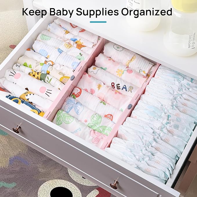 Vtopmart 8 Pack Drawer Dividers for Clothes, 4" High 11.6"-17" Adjustable Expandable Dresser Drawer Organizer, Plastic Separators for Dresser, Baby Clothes, Underwear, Kitchen & Office Storage, Pink