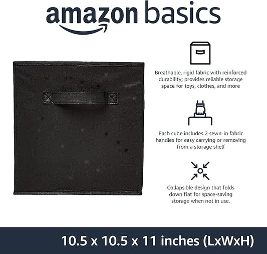 Amazon Basics Collapsible Fabric Storage Cubes Organizer with Handles, Sturdy, Black, 10.5-x-10.5-x-11-inch, Pack of 6