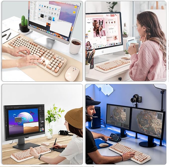 Wireless Keyboard and Mouse Combo, 2.4 GHz Wireless Full-Sized Typewriter Keyboard with Round Keycaps for Windows, Computer, Desktop, PC, Laptop (Ice Cream)