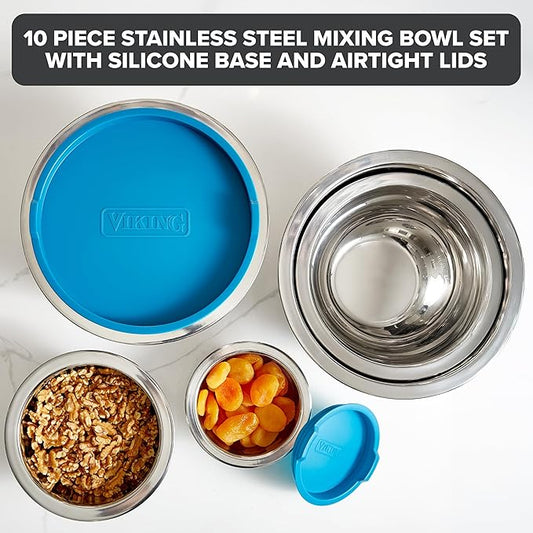 VIKING Mixing Bowls Set, 10 Piece Stainless Steel Kitchen Cookware, Non-Slip Silicone Base, Includes Tight Fit Lids, Dishwasher Safe, Blue