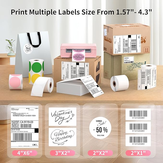 Bluetooth Thermal Shipping Label Printer, 4X6 Inkless Label Machine for iOS, Android, Laptop, Wireless Printer for Small Business, Compatible with Amazon, UPS, Shopify, Pink