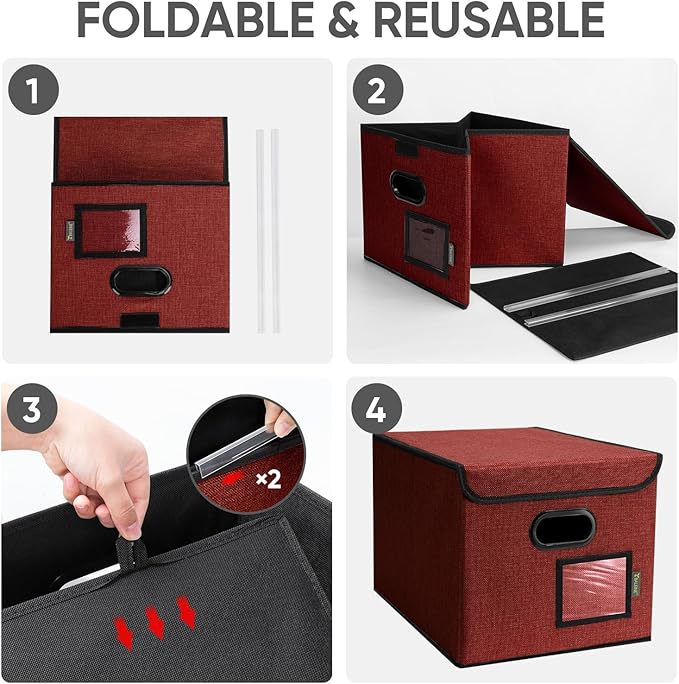 BALEINE Modern Red File Storage Box with Lid, Collapsible File Folder Organizer, 2 Pack, 15x12.5x10.5 inches