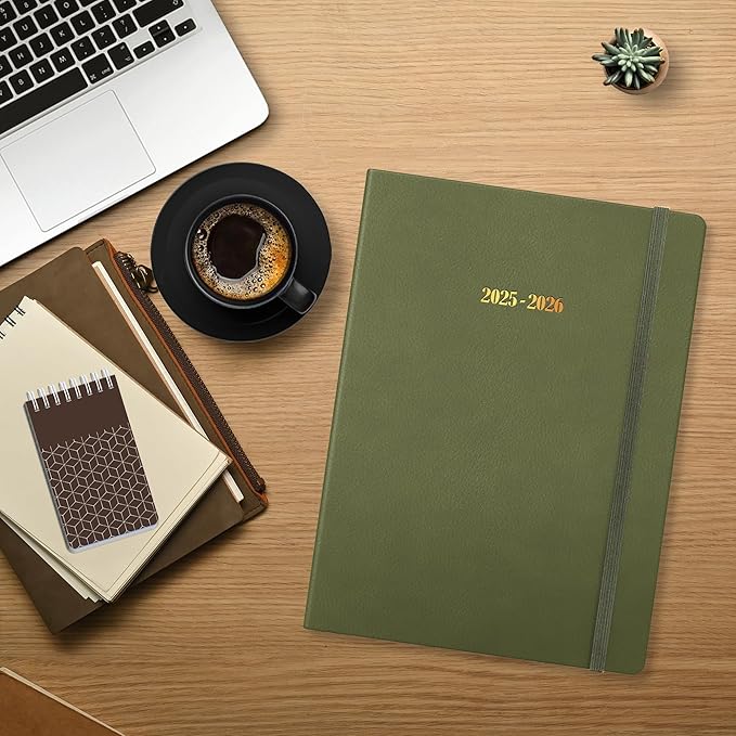 Ensight 2025-2026 HARDCOVER Leather Planner Weekly & Monthly - 8.5x11 Inches - Academic Planner Business Personal or Student - Pen Holder, Thick Paper, July 2025 - June 2026 (Olive Green)