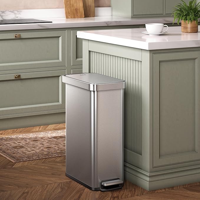 EKO Hudson Slim 50L / 13.2 Gallon Kitchen Trash Can with Lid, Stainless Steel Step Garbage Can for Kitchen or Home, Space-Saving Garbage Can with Soft Close Lid, Stay-Open, Liner Ring, Handle