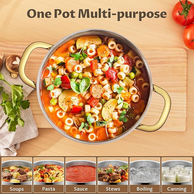 BEZIA 12 Quart Stainless Steel Stockpot with Lid, Induction Compatible Large Cooking Pots, Triple-Layer Bottom for Even Heat, Pasta & Soup Pot for Canning, Stews, and Bulk Cooking, Dishwasher Safe