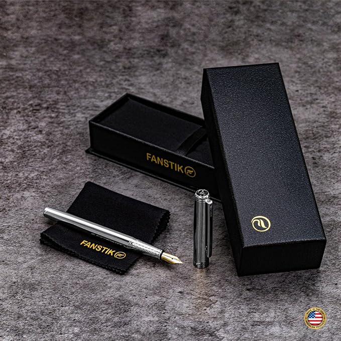 Customized Silver Luxury fountain pen (Made In USA) fancy gift set for women, Chrome Finish, Professional executive pen gift set for men (Lux Custom-fountain Silver)