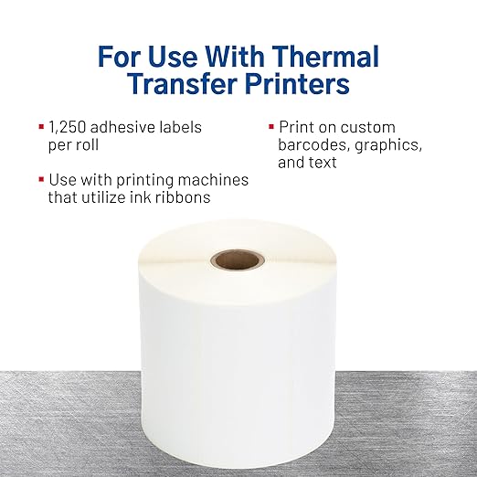 TSC Thermal Label Transfer Paper for Printers, Stickers and Labels for Postage, Receipts, Retail, Business, 4" Width x 2" Length, 1" Core, 5" Outer Diameter, White, 1250 Labels Per Roll, 4 Rolls