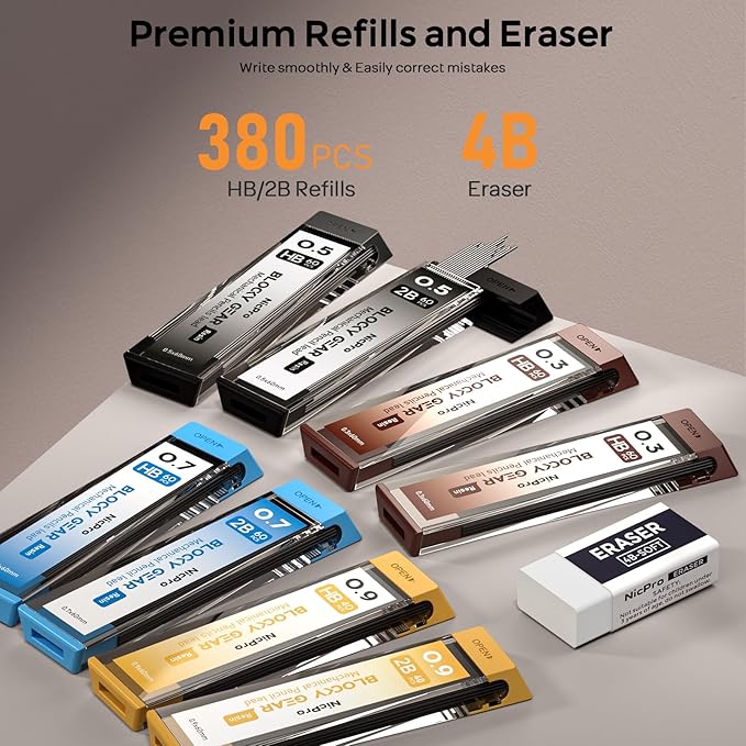 Nicpro 4 Pack Blocky Gear 0.3, 0.5, 0.7, 0.9 mm Metal Mechanical Pencils Set with Case, Lead Drafting Pencil with 8 Tube Lead Refills(HB 2B), Erasers, Eraser Refills for Art Writing Sketching Drawing