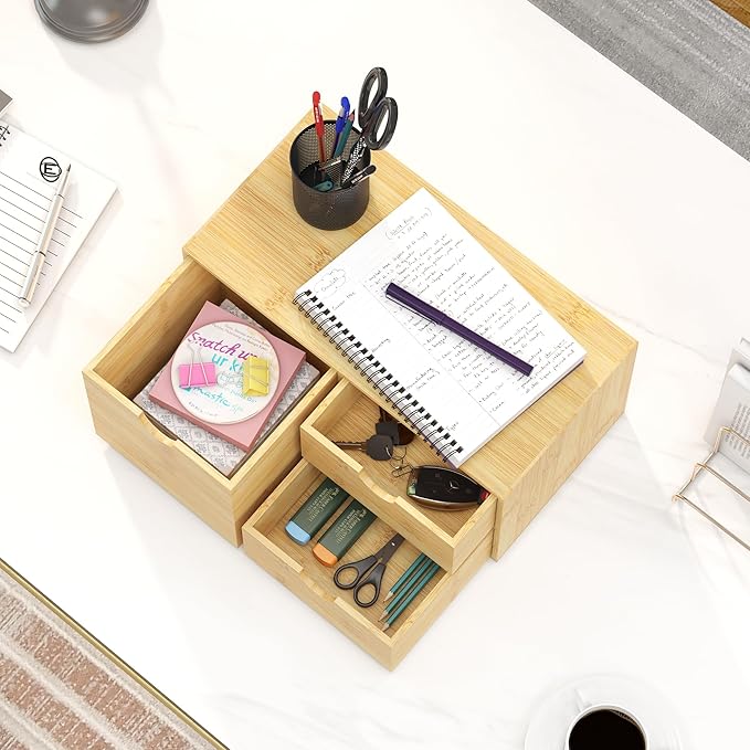 Desk Organizer With Drawers - Bamboo Wood Desktop Mail Organizer Storage Box for Office Home Bathroom Vanity Dresser Top, No Assembly Required (3 Drawer with Big Drawer)
