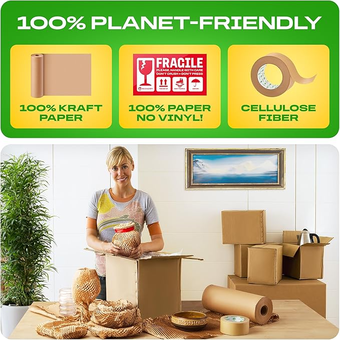 Honeycomb Packing Paper | Extra Thick 90 GSM Packing Wrap | Biodegradable Packing Materials: 15” x 200’ Moving Paper + 195’ Cellulose Adhesive Tape + 30 Fragile Stickers | Paper Bubble Wrap