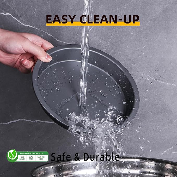 HONGBAKE Round Cake Baking Pan, 8 Inch, Shallow Cookie Pans, Layer Cake Pans with Wider Grips, Nonstick Circle Pizza Tin, Huty Duty, Dishwasher Safe, 2 Pieces- Grey