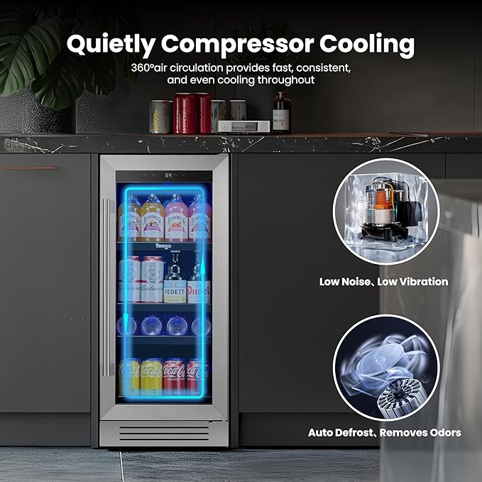 Yeego 15 Inch Beverage Refrigerator – 80 Can Mini Fridge with Glass Door, Built-In or Freestanding Cooler for Home Bar Office