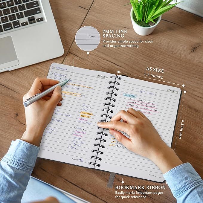 Lined Spiral Notebook Journal For Women & Men - A5(5.8" x 8.3") 170 Pages, Hardcover Notebooks for Work & Note Taking, College Ruled Journals for Writing - Grey