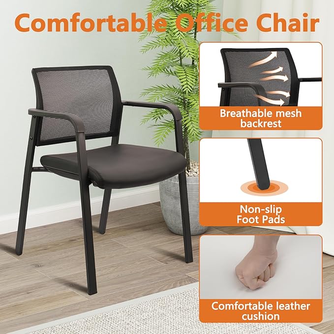 CLATINA Stackable Office Chair, Mesh Back Guest Chairs with Comfortable Leather Seat Arms Stacking Ergonomic Desk Chair No Wheels for Conference Waiting Reception School Side Stationary, Black