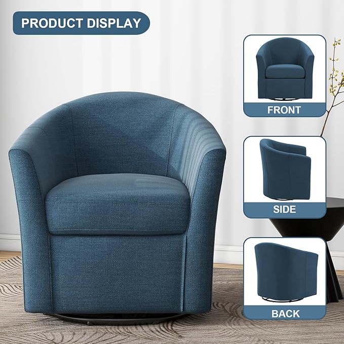 UIXE 360° Swivel Barrel Accent Chair, Modern Round Arm Chair Upholstered Club Armchair, Single Sofa Seating in Fabric for Living Room, Bedroom (Blue)