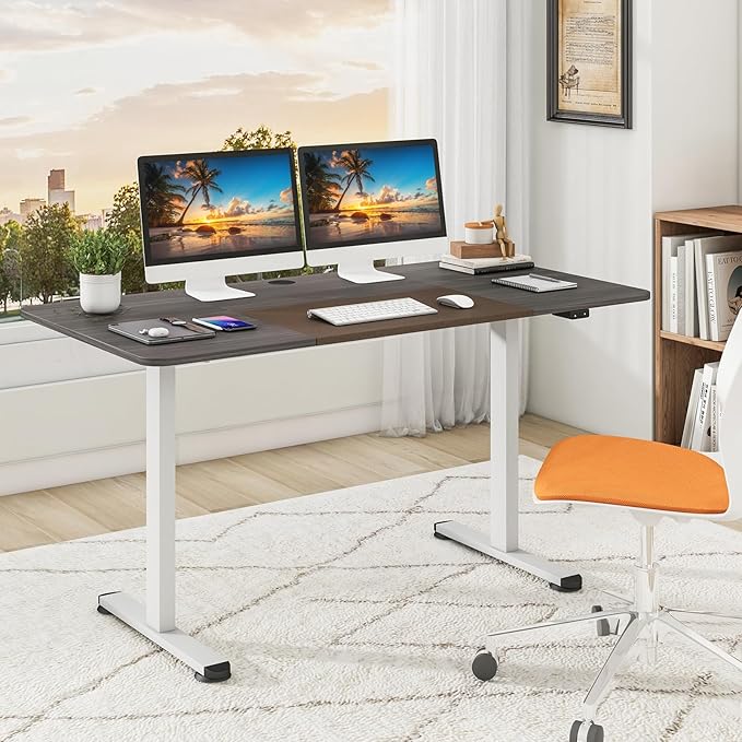 GOFLAME Height Adjustable Electric Standing Desk, 55 x 28 Inch Sit Stand Up Electric Desk with Headphone Hook, Ergonomic Standing Workstation, Electric Standing Desk with Metal Frame, Grey