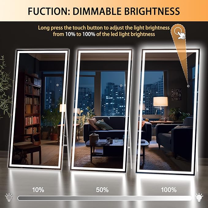 Hasipu Full Length LED Mirror with Lights, 71" x 27.6" Floor Standing or Hanging Mounted, Full Body Dressing Mirror, Dimmable Light, Tempered Glass, Square White