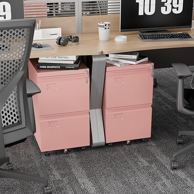 Aobabo 2 Drawer File Cabinet, Lockable Metal Filing Cabinet with Wheels for Home Office, Legal/Letter Size, Required Assembled,Pink