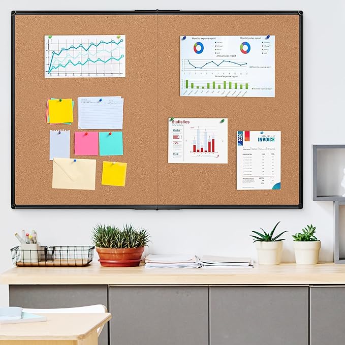 Board2by Cork Board Bulletin Board 36 x 48, Foldable Notice Pin Board for Wall, Black Aluminum Framed 4x3 Corkboard, Large Wall Mounted Office Board with 36 Push Pins for School & Home